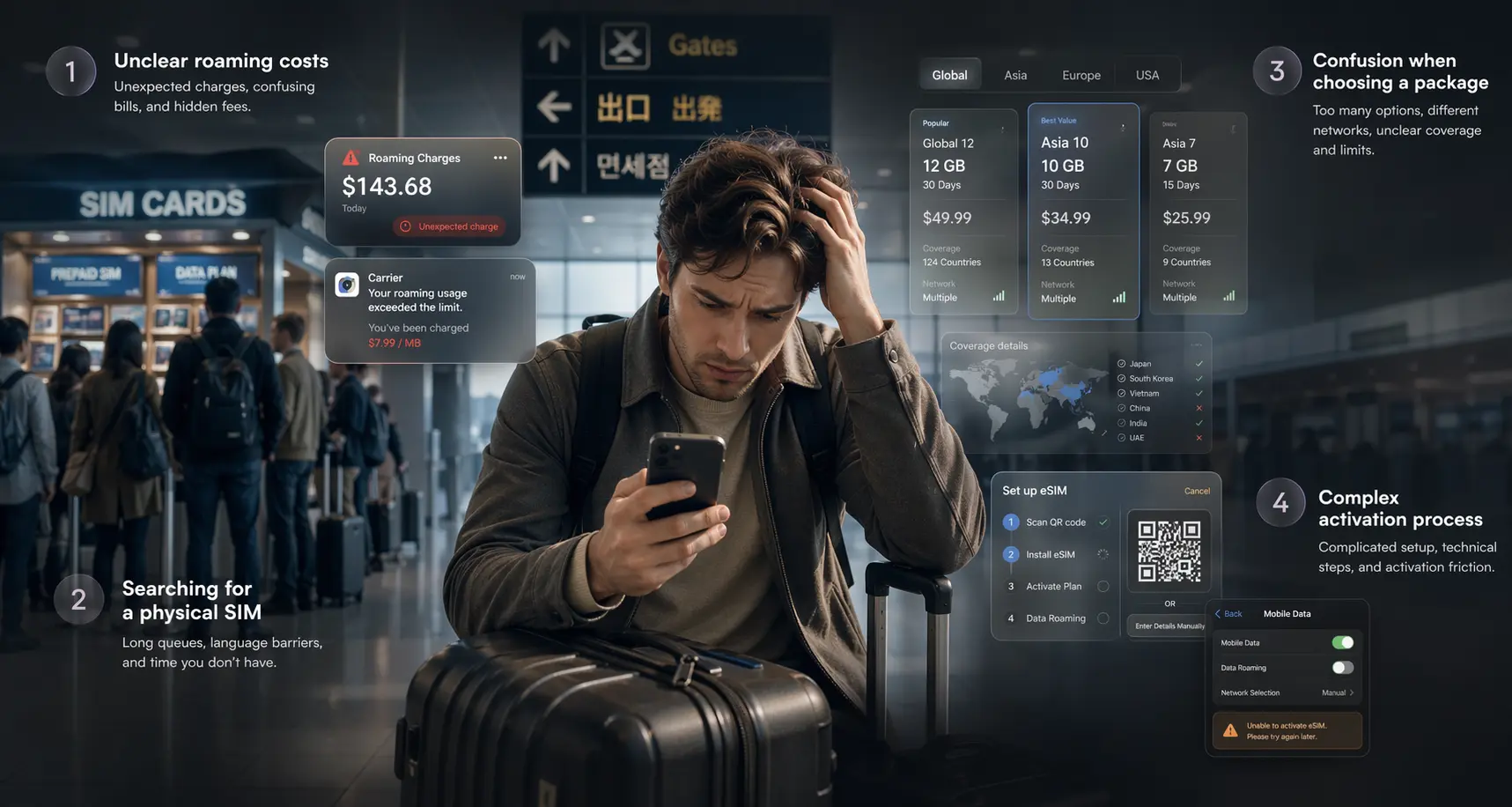 Product screen showing mobile connectivity issues while traveling